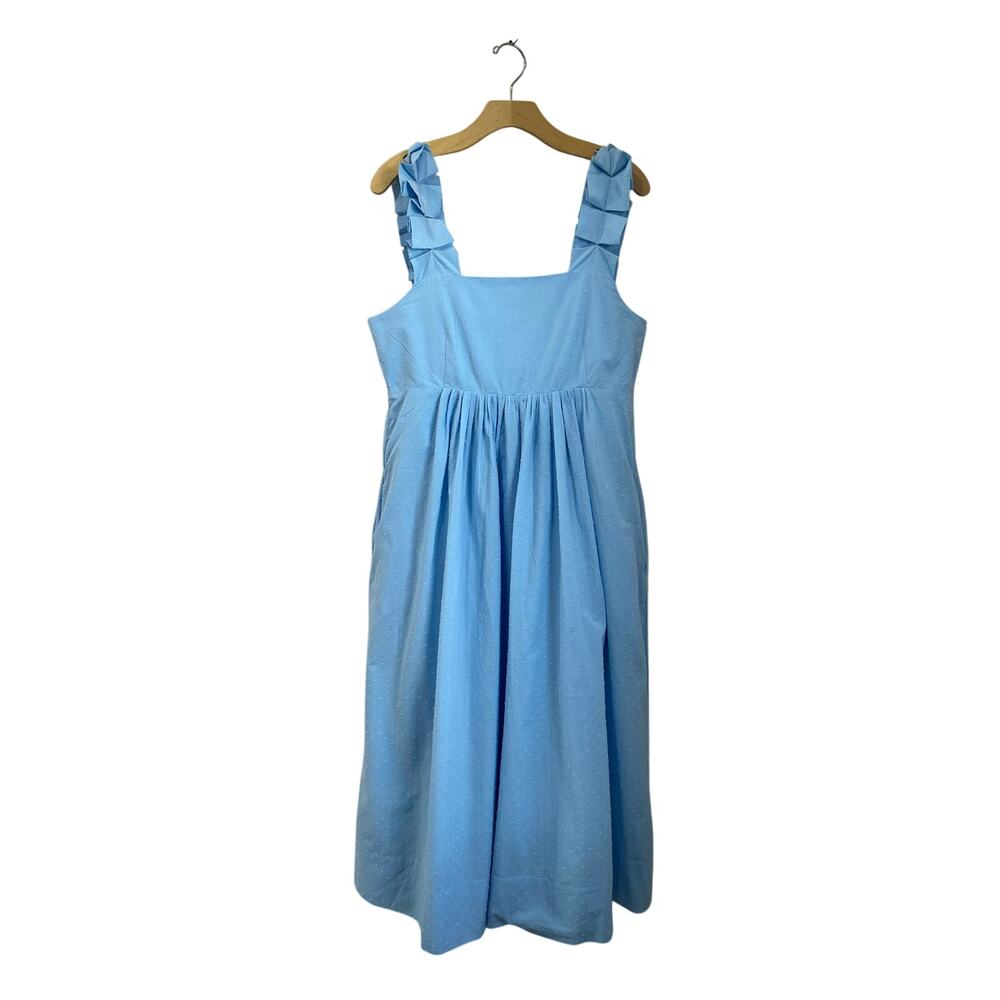 LAKE Light Blue Swiss Dot Smocked Midi Dress Ruffle Strap Cottagecore Coquette L - Picture 4 of 9